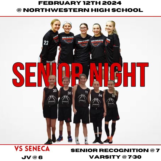 WildcatsNw's tweet photo. Please join us tomorrow night (Monday, Feb 12) as we celebrate this group of seniors!

6:00pm - JV vs Seneca
7:00pm - Senior Recognition
7:30pm - Varsity vs Seneca

#nwbuilt #onceawildcatalwaysawildcat #seniornight https://t.co/cVmd89UIE6