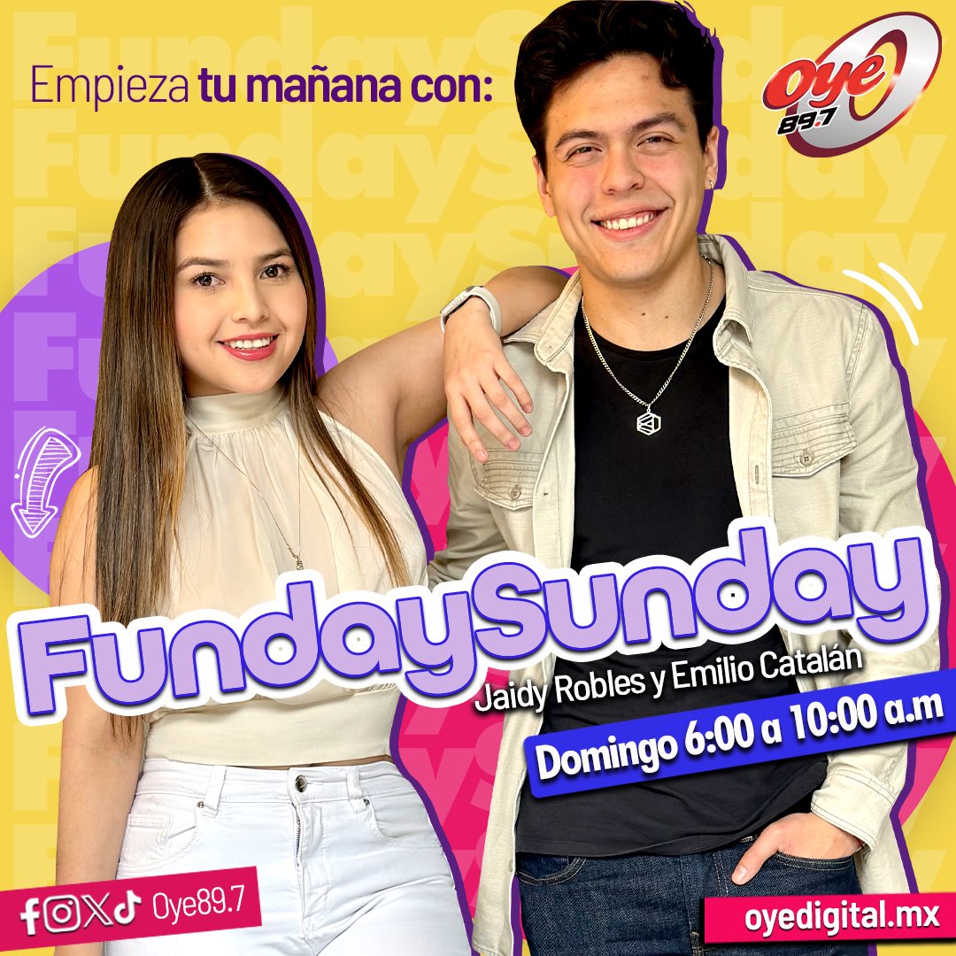 #FundaySunday ✨#JaidyRobles y @emiliocatalan_ todos los domingos te acompañarán de 6:00 a 10:00 🙌 ¿Quién ya sintonizando #Oye897fm? #Oye897fm