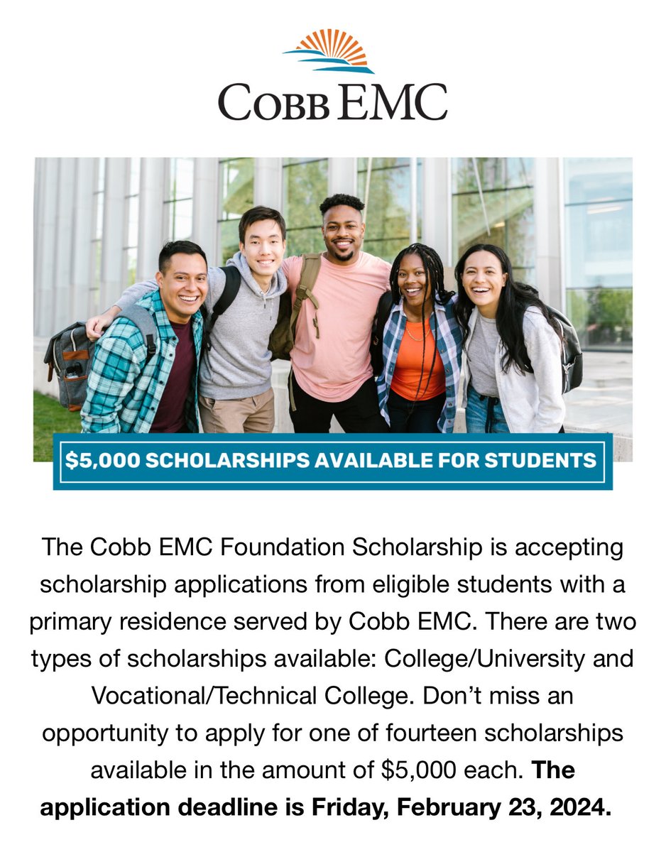 Please share this $5,000 scholarship opportunity for Vocational/Technical or College/University students. Go to cobbemc.com/cobb-emc-found… for more details! ⁦@cobbemc⁩ ⁦@CobbEMCEdu⁩ Deadline is February 23,2024!