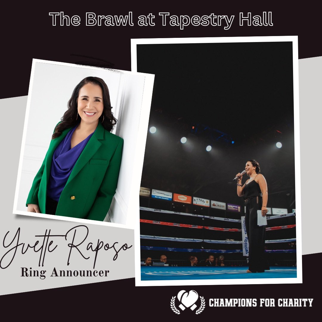 Mandy Bujold (@mandybujold) on Twitter photo We are excited to introduce you to our Fight Night Ring Announcer for The Brawl at Tapestry Hall.
🥊 Yvette Raposo 🥊
Award -Winning Speaker & Canada’s First Female Professional Ring Announcer, Yvette’s goal is to help people find their own fighter within. <a href="/ChampionsForC/">Champions for Charity</a> We are excited to introduce you to our Fight Night Ring Announcer for The Brawl at Tapestry Hall.
🥊 Yvette Raposo 🥊
Award -Winning Speaker & Canada’s First Female Professional Ring Announcer, Yvette’s goal is to help people find their own fighter within. <a href="/ChampionsForC/">Champions for Charity</a>