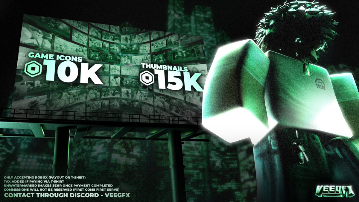 New Year, New Branding! 
Here’s my 2024 Commission Sheet! 

❕ Updated prices and Information available below.
❕ Commission status will be available in my bio.

✉️ To contact me please find me on Discord at veegfx.
#Roblox #RobloxDev #RobloxGFX