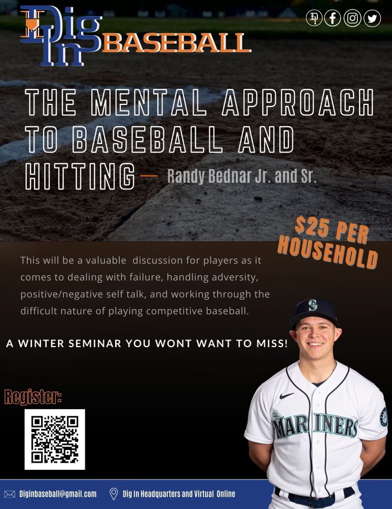 DigInBaseball's tweet photo. Excited to have Randy Bednar Jr &amp; Sr join us for “The Mental Approach to Baseball &amp; Hitting”! Great perspective from a current professional player and also his father who has over 35 years of coaching experience. Don’t miss it - February 28 at 7pm! https://t.co/VzUNb1Uxgl