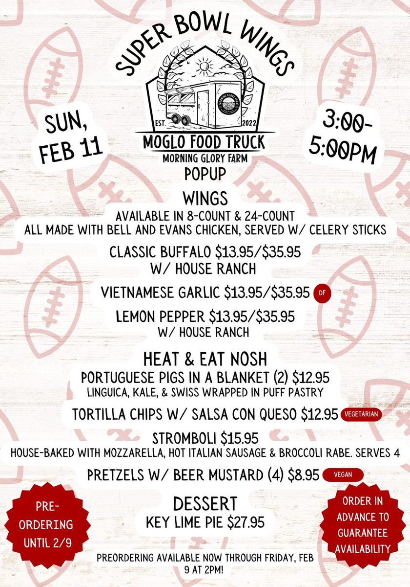Some #SuperBowl foodie options: $1 wings <a href="/LoudKitchenExp/">The Loud Kitchen Experience</a> in #OakBluffs starting at 11:30am, special menu at Catboat Coffee Co. in #VineyardHaven from 10:30am-3:30pm &amp; Morning Glory Farm Food Truck in #Edgartown from 3-5pm. #takeout