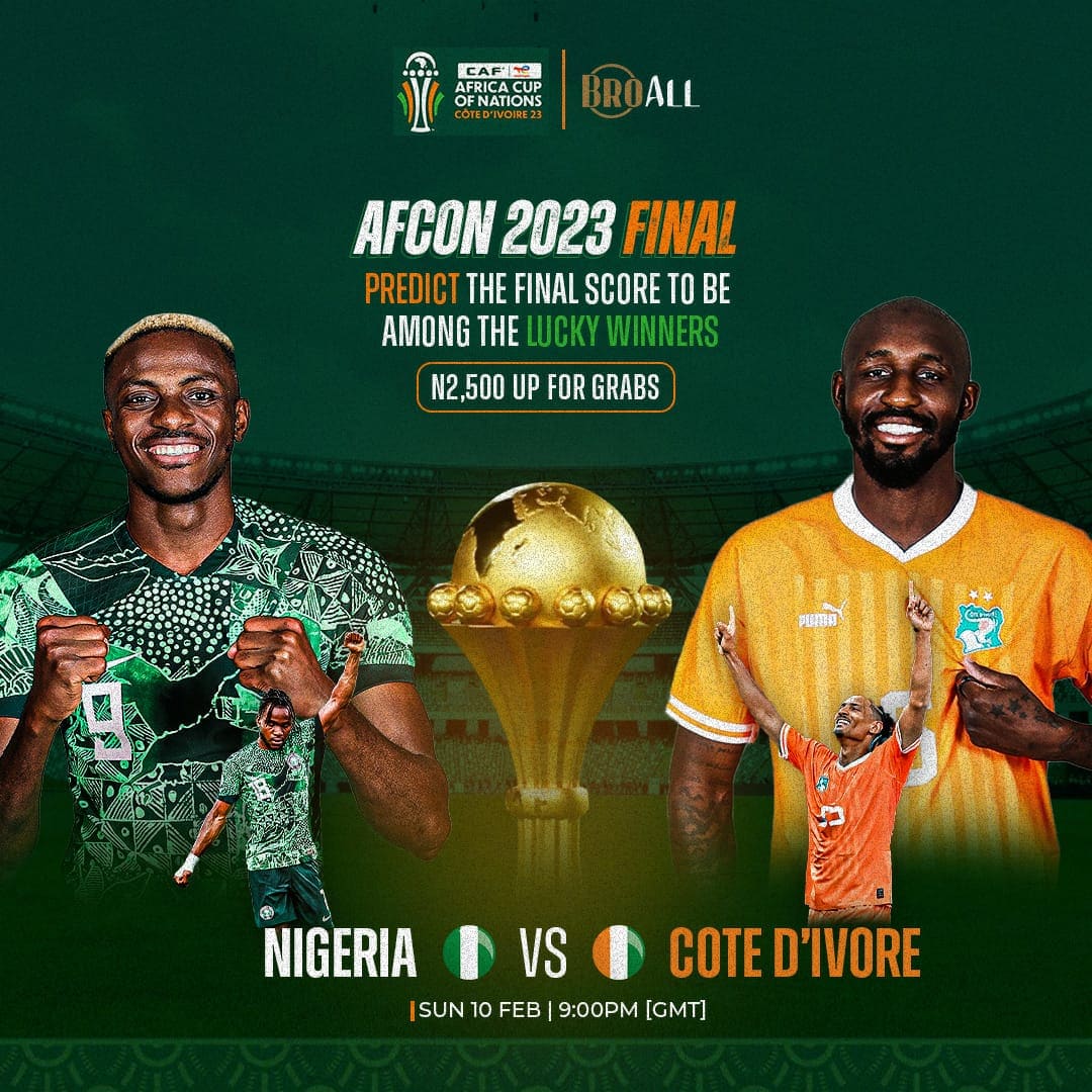 broall_ng's tweet photo. AFCON GIVEAWAY๐๐บ๐ซ
PREDICT & WIN 2500.
NIGERIA ๐ณ๐ฌ vs IVORY COAST๐จ๐ฎ
Who scores first for Nigeria ๐ณ๐ฌ and what is the final score๐?
To Enter:
Follow
Retweet
Tag.
Good luck ๐
#SuperEagles #Nwabali #Osimhen #Lookman #Iheanacho #AFCON2023 #fypใทใ #cotedivoire #broall https://t.co/t6HvXJbCjz