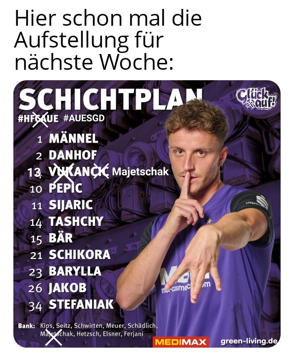 AueMemes's tweet photo. Hallo Admin @FCErzgebirgeAue 
Ich hab mal meine geilen Skills eingesetzt und dir schon mal als Hilfe die Aufstellungsgrafik für nächste Woche gemacht:
#HFCAUE #AUESGD https://t.co/8LH46hWQNM