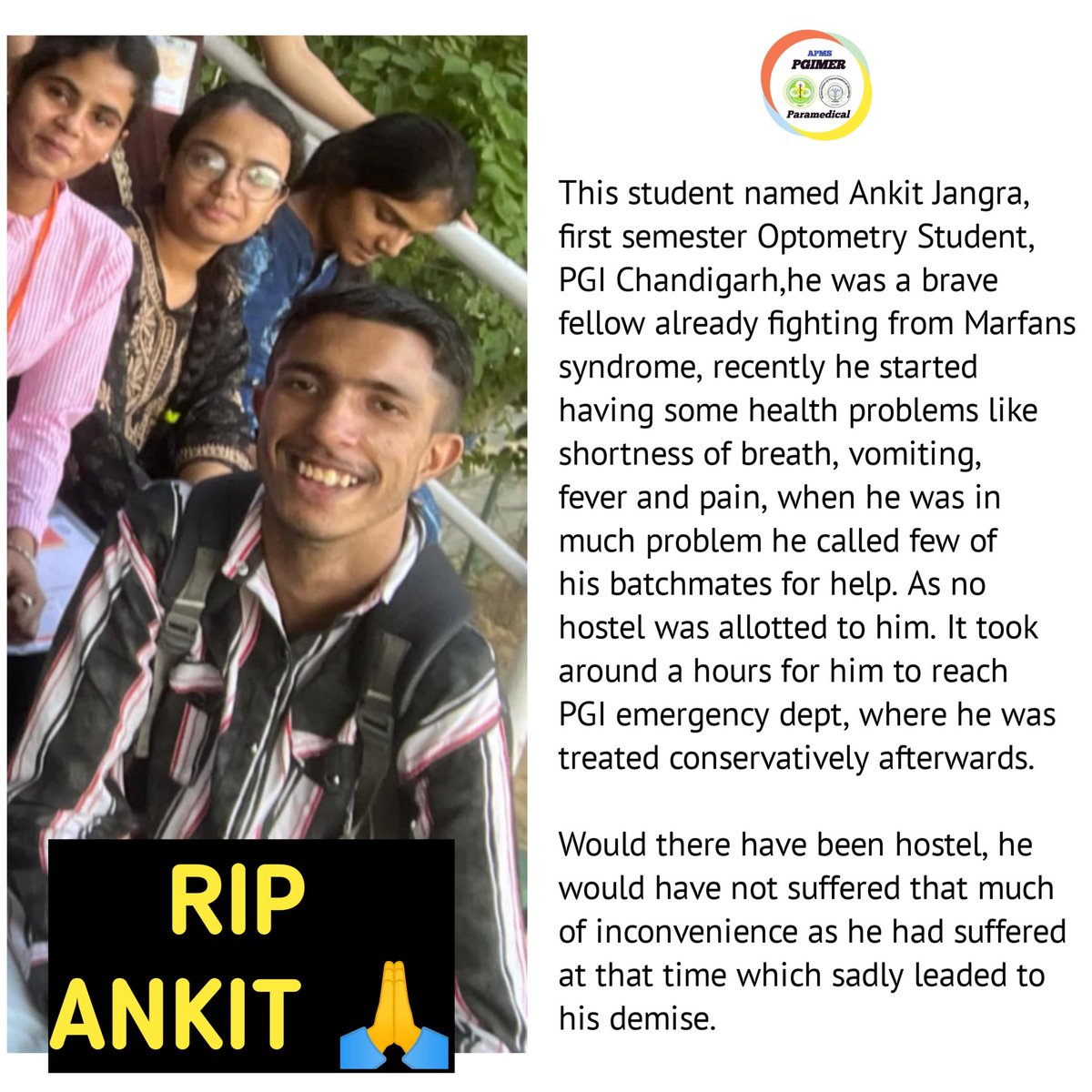Sahil68271257's tweet photo. Ankit Jangra's tragic death underscores the pressing need for improved student facilities at PGIMER Chandigarh. Let's demand accountability and action from #PGIMER to prevent such devastating losses in the future. #ripankitjangra #paramedical 
#negligency
@dpgichandigarh
@NMC_IND https://t.co/WrxryTLNNU