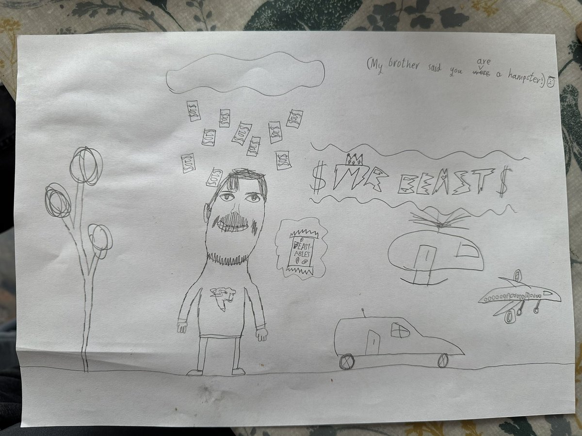 DamianPanton's tweet photo. @MrBeast Hi Mr Beast. My son Theo wanted me to send you a picture he drew of you. Here it is. https://t.co/OHx4MY0Yh3