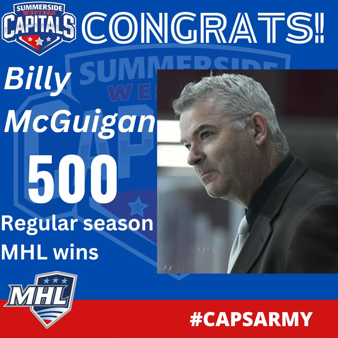 Mr. 500! Billy McGuigan has recorded 500 regular season MHL wins as a head coach. Starting with the Ch'town Abbies in 2005 season he moved to Miramichi to coach the Timberwolves in 2008, after 3 years he moved back to PEI to take over the Caps bench in 2011.

Congrats Coach!