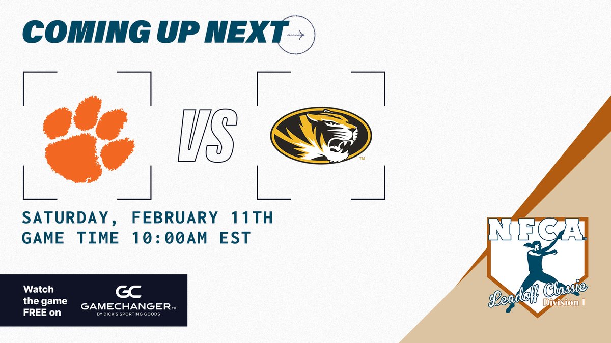 GetGameChanger's tweet image. 🥎 CHAMPIONSHIP SUNDAY 🎥

#5 @clemsonsoftball vs @MizzouSoftball 

Watch on GameChanger: bit.ly/3jJKs6D

#NFCALeadoffClassics | #GameChangerSports
