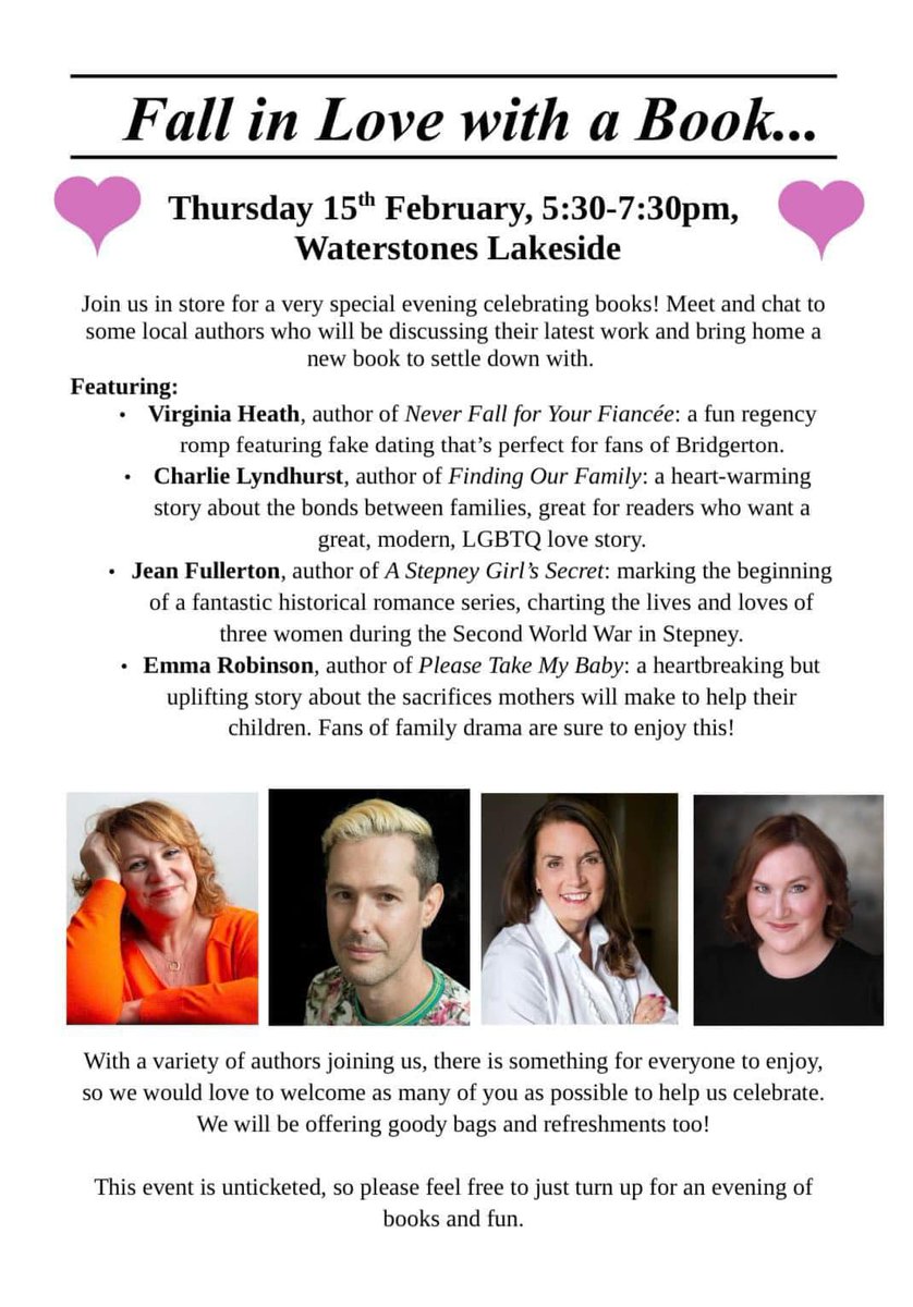 Hi, just a heads up that as part of Romance Reading Month on Thurs 15th Feb me & some authors friends will be signing books in Waterstone Lakeside. Why not join us? @RNAtweets @BlakeFriedmann @AtlanticBooks #BooksWorthReading #RespectRomFic #romancebooks #romancenovels