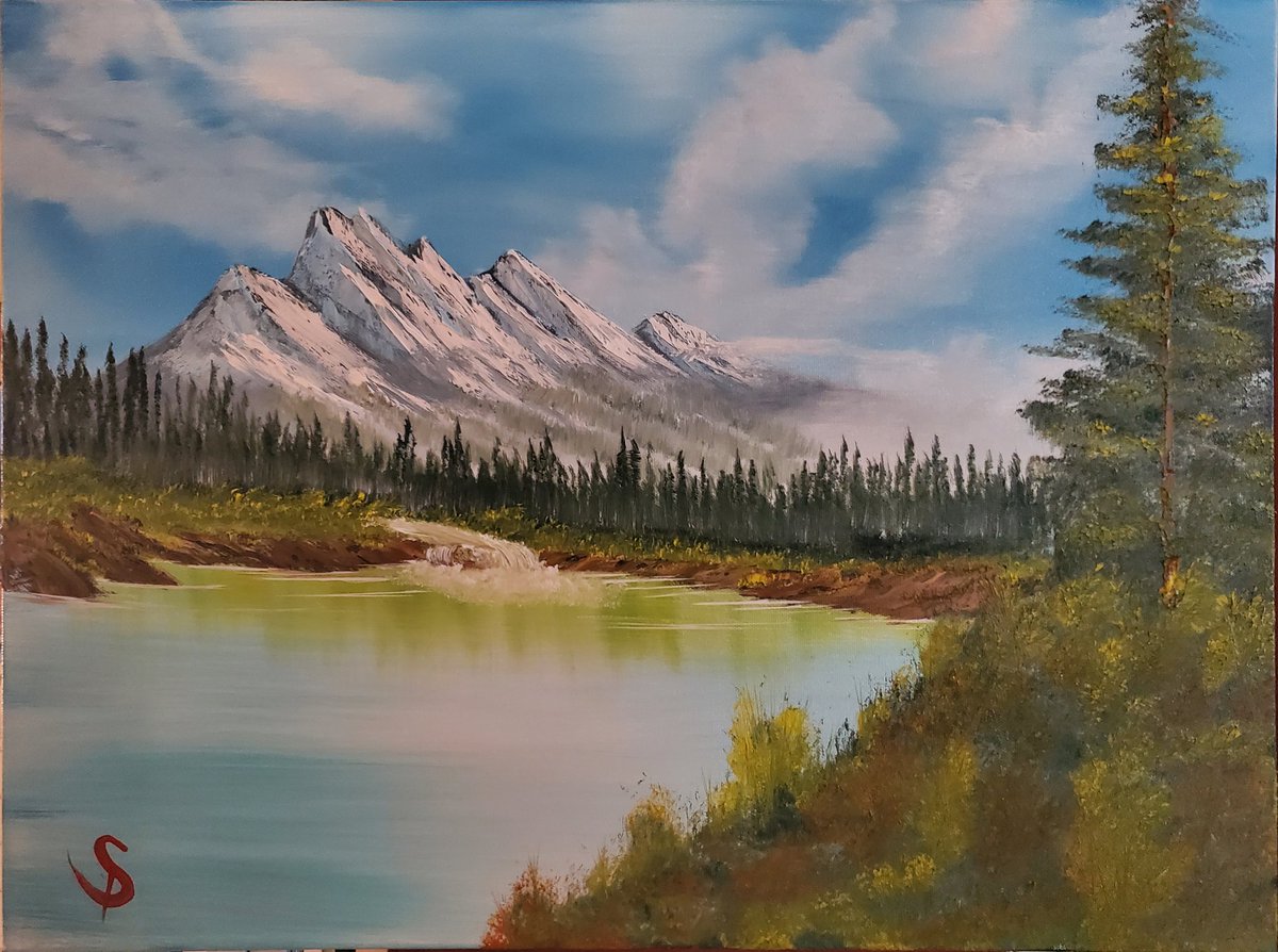 daalse's tweet image. I'm painting along with Bob Ross and The Joy of Painting in season episode order. This is season 5, Episode 1, Mountain Waterfall.