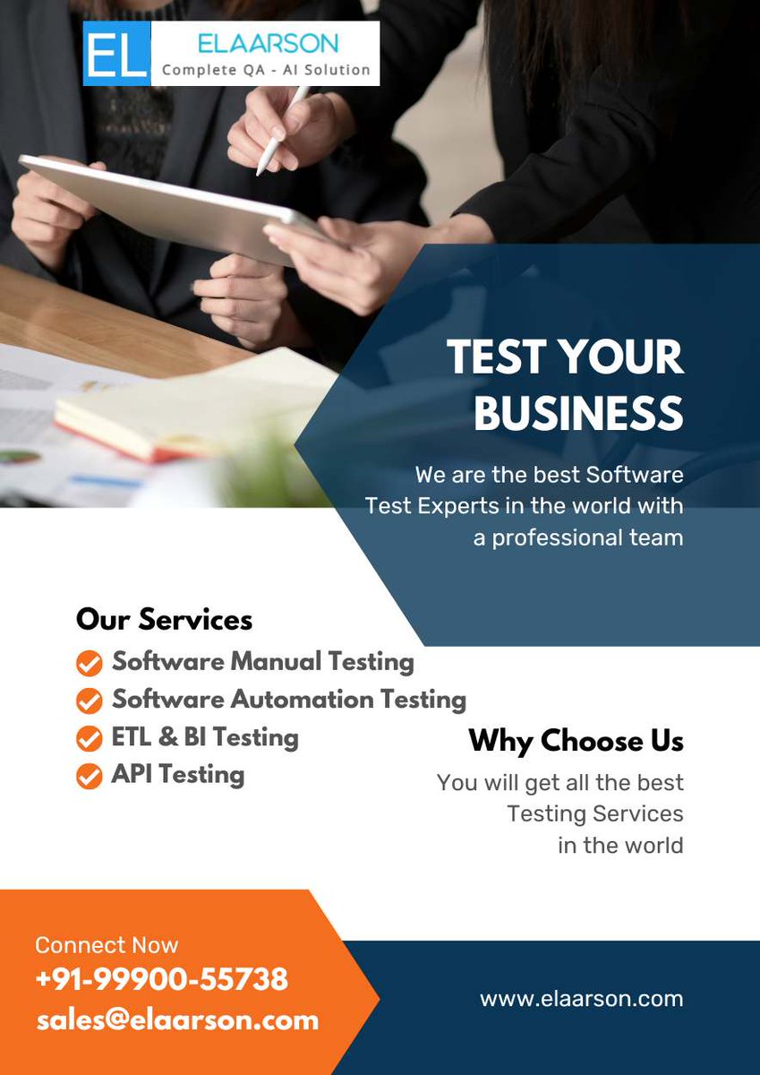ElaarsonInd's tweet image. 🔍TEST YOUR BUSINESS - We are the best Software Test Experts in the world with a professional team.
Contact Us: sales@elaarson.com
lnkd.in/gr3hBNXr
#automation_testing, #bi_testing, #etl_testing, #software_testing, #testing, #elaarson
