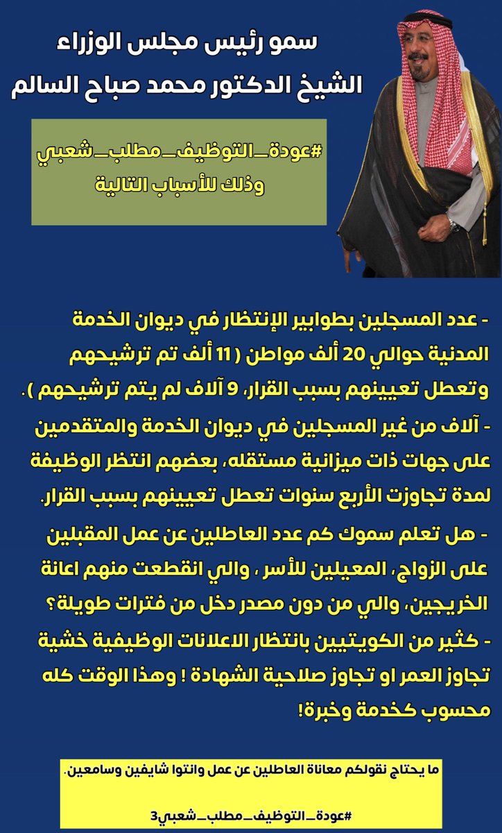 سمو رئيس مجلس الوزراء الشيخ الدكتور محمد صباح السالم

{{ #عودة_التوظيف_مطلب_شعبي }} وذلك للأسباب التالية: 

▪️عدد المسجلين بطوابير الإنتظار في ديوان الخدمة المدنية حوالي 20 ألف مواطن ( 11 ألف تم ترشيحهم وتعطل تعيينهم بسبب القرار، 9 آلاف لم يتم ترشيحهم ). 

▪️آلاف من غير المسجلين