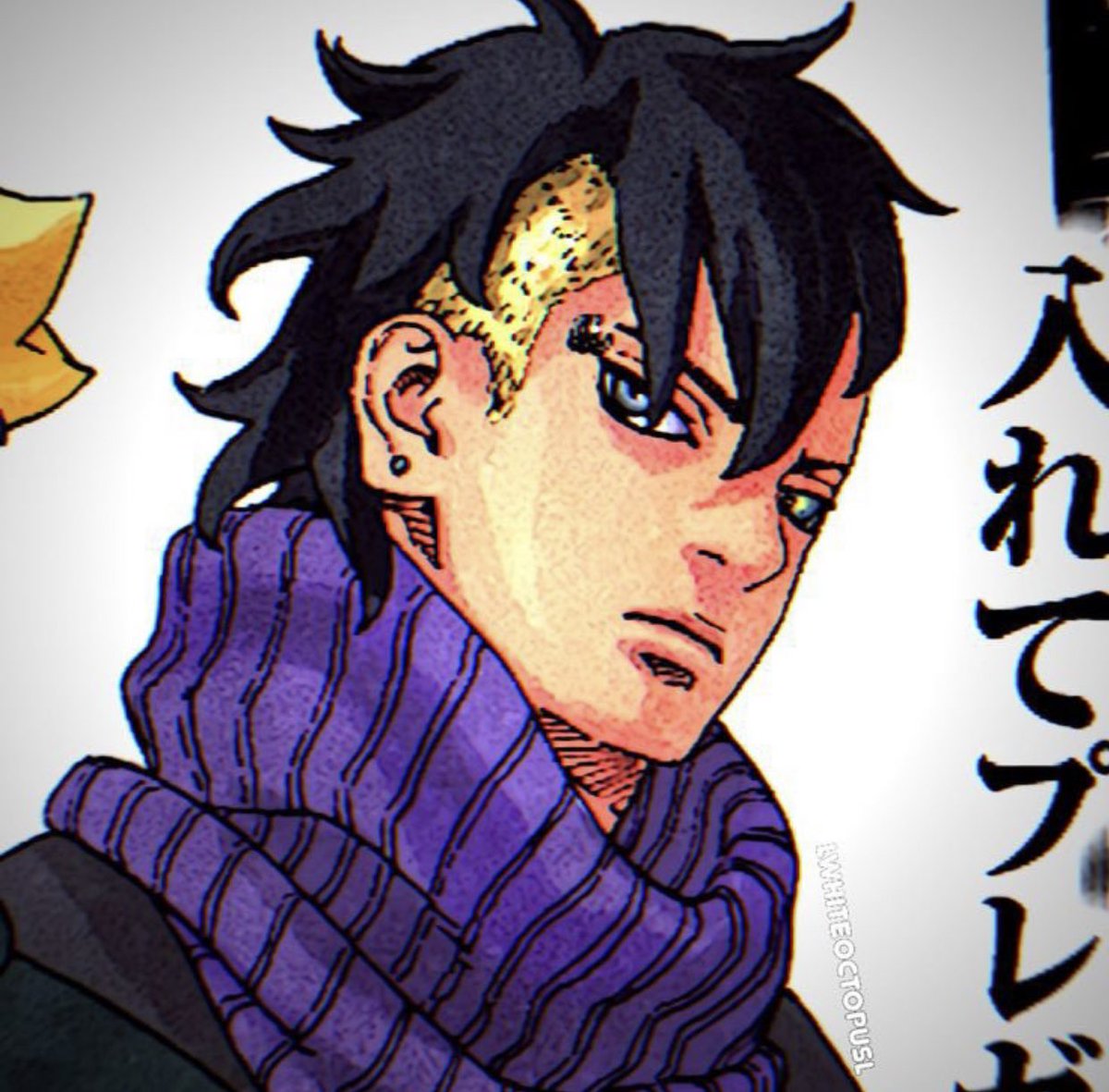 SchmurfiV1's tweet photo. Given the similar design of Kawaki’s scarf and Codes outfit I think that Code gave this scarf to Kawaki to show him how big his love for his bf is🥹🥰 
#BORUTO #KawaCode https://t.co/pNQ7ZYXa40
