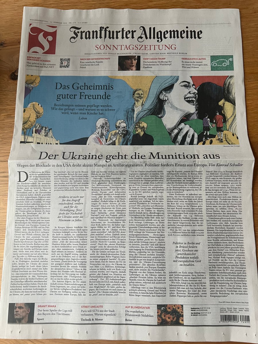 Mit <a href="/MW1699/">Marcus Welsch</a> heute in der <a href="/faznet/">Frankfurter Allgemeine</a> zum 🇺🇦 Munitionsnachschub.
Artillerie ist nur bedingt durch FPV Drohnen substituierbar. Sogar mit 🇺🇸 wären wir derzeit in einem Produktions-und Liefertief.
Ein Vorziehen von Aufträgen für 🇺🇦 ist unausweichlich. faz.net/aktuell/ukrain…