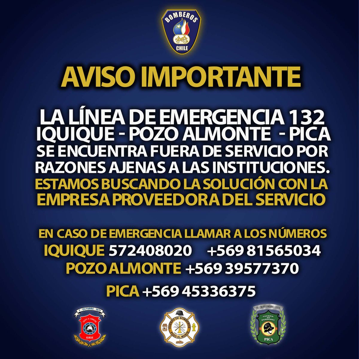 #Atención
La línea 132 en #Iquique, #PozoAlmonte y #Pica se encuentra fuera de servicio. 

Atento a los teléfonos de emergencia provisorios:

Iquique: +56981565034
Pozo Almonte +56939577370
Pica +56945336375

<a href="/reddeemergencia/">Red de Emergencia ONG</a>