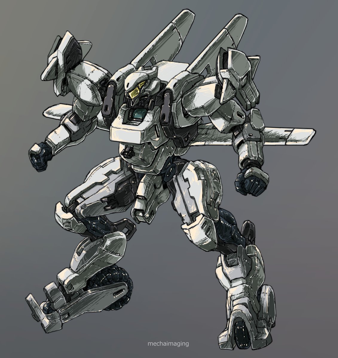 mecha robot no humans clenched hands science fiction solo grey background  illustration images