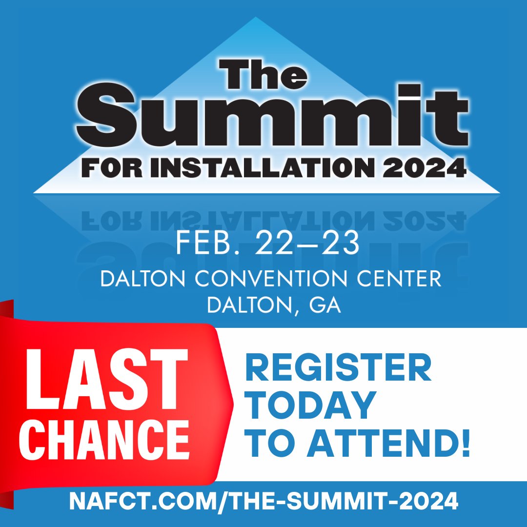 LAST CALL FOR REGISTRATION! #TheSummit2024
This is your final chance to register for an unforgettable experience with the flooring industry's best of the best!
Date: February 22 and 23
Location: Dalton Convention Center
Register NOW: nafct.com/the-summit-202…
