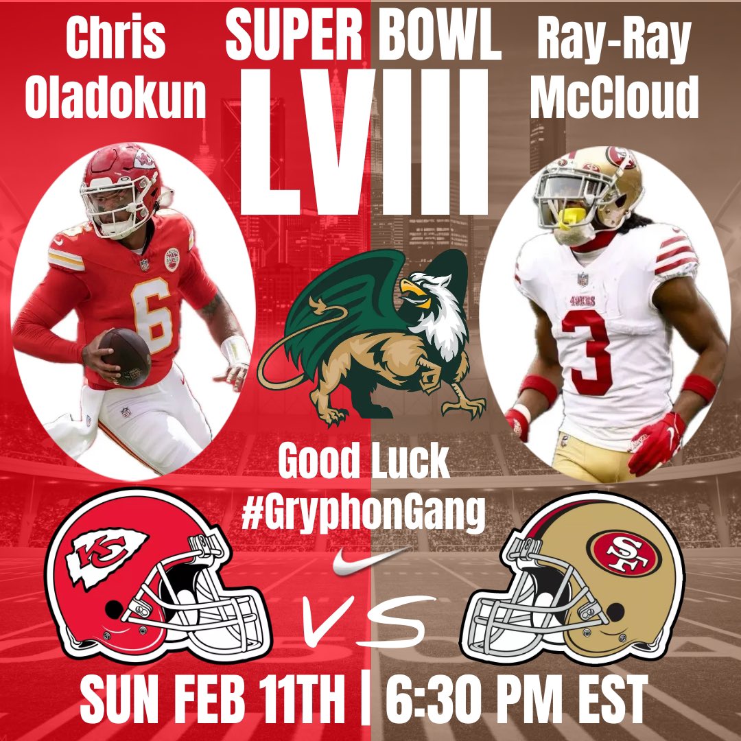 Good luck to our #NFLGryphons in #SBLVIII tonight! #GryphonGang