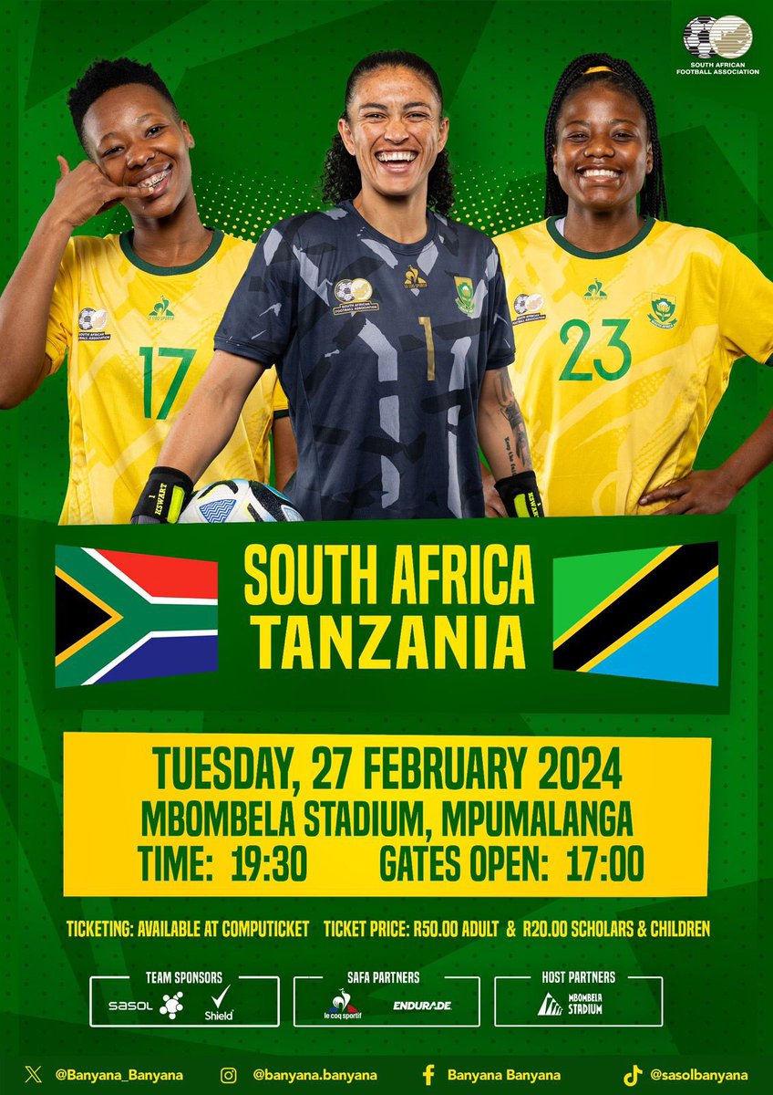 🚨BACK IN ACTION 🚨 The Road to Paris 2024 continues for Banyana Banyana 💪🏽 Get your ticket today to catch our 2nd leg encounter against Tanzania 🇹🇿 at Mbombela Stadium on 27 February 2024. 🎟️ Link 🔗 tickets.computicket.com/event/south_af… 🗓️1st leg(away) - 23 February 2024 🗓️2nd