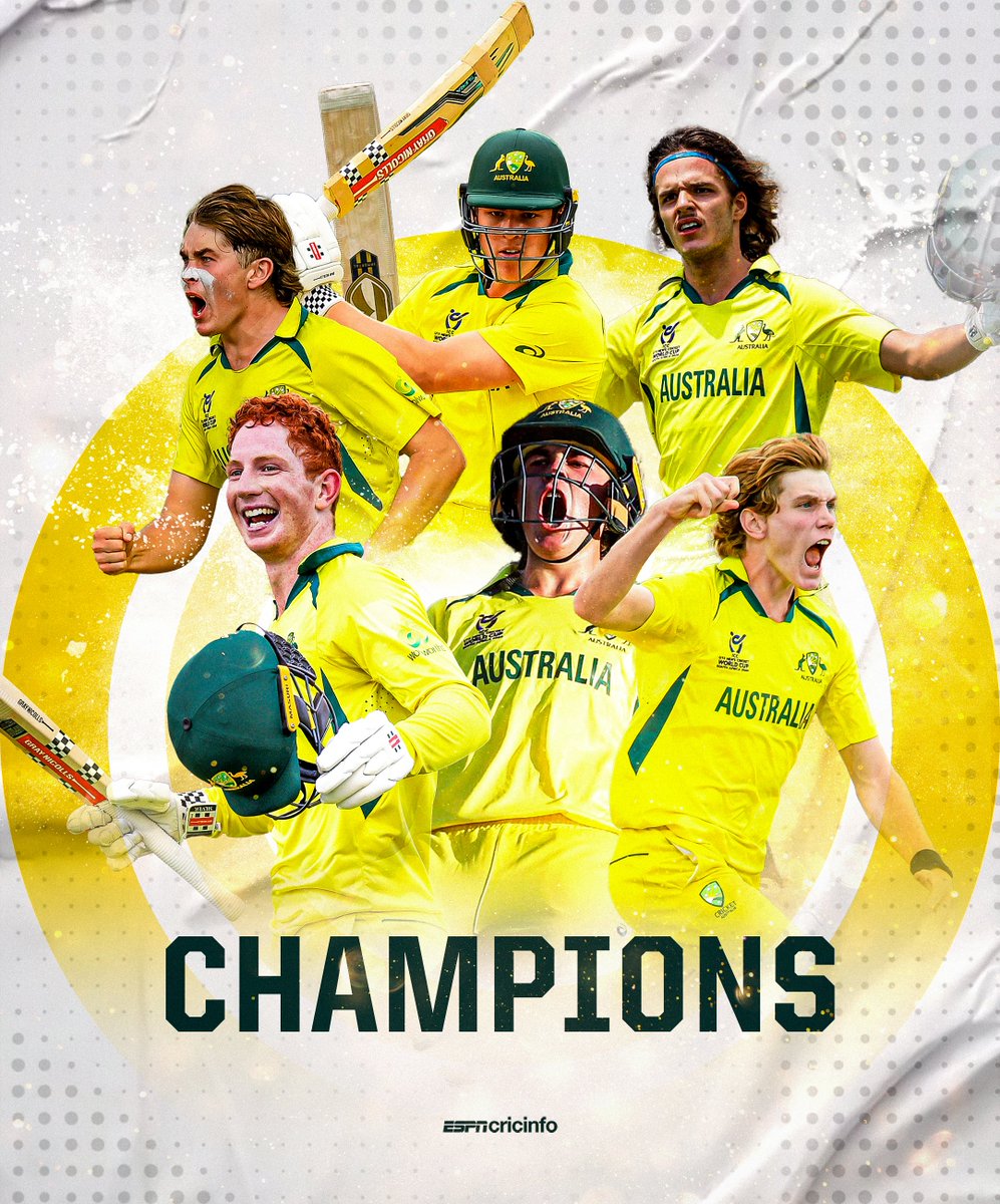 ESPNcricinfo's tweet photo. 🇦🇺 win their fourth #U19WorldCup title, beating India by 79 runs in the final 🏆

https://t.co/ZdVh1ADzpX #INDvAUS https://t.co/MzGfSh3PWV
