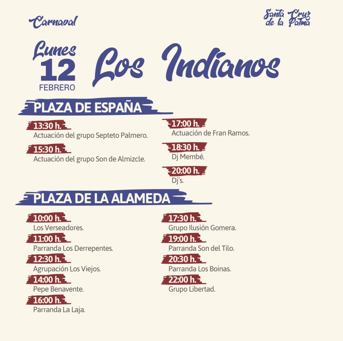 LosIndianos's tweet photo. #losindianos programa para mañana lunes!! Les esperamos @sclapalma #Carnaval2024 https://t.co/lo99BvwyGD