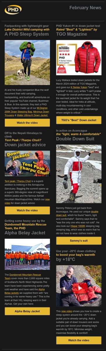 Our Feb newsletter is out, featuring: @TGOMagazine's down jackets review, @BUSHMANandBLUE's fastpacking video, @DundonnellMRT, down jacket advice for #TentPeak, our double down suit on #Aconcagua & more! mailchi.mp/phdesigns/febr… Subscribe for news & competitions.