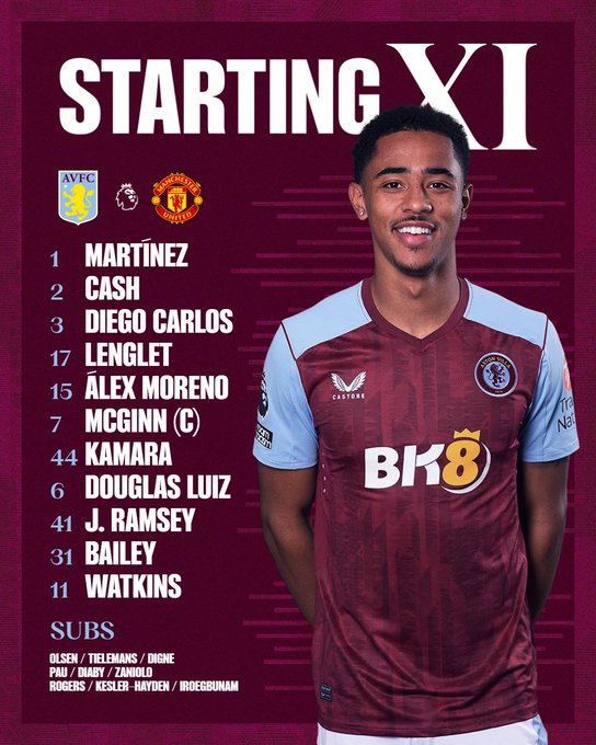 Aston Villa team to face Manchester United: Martínez, Cash, Diego Carlos, Lenglet, Álex Moreno, McGinn (captain), Kamara, Douglas Luiz, Jacob Ramsey, Bailey, Watkins. Substitutes: Olsen, Tielemans, Digne, Pau, Diaby, Zaniolo, Rogers, Kesler-Hayden, Iroegbunam.