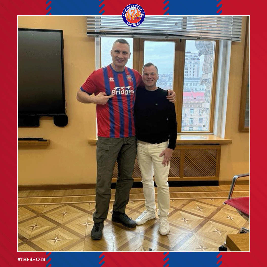 We were delighted to receive images of Mayor of Kyiv and former Heavyweight Champion of the World Vitali Klitschko donning the red and blue of Aldershot Town! Thanks to Andy Drury of our Club Partners RLD Builders for supplying Vitali with the shirt and arranging the pictures!