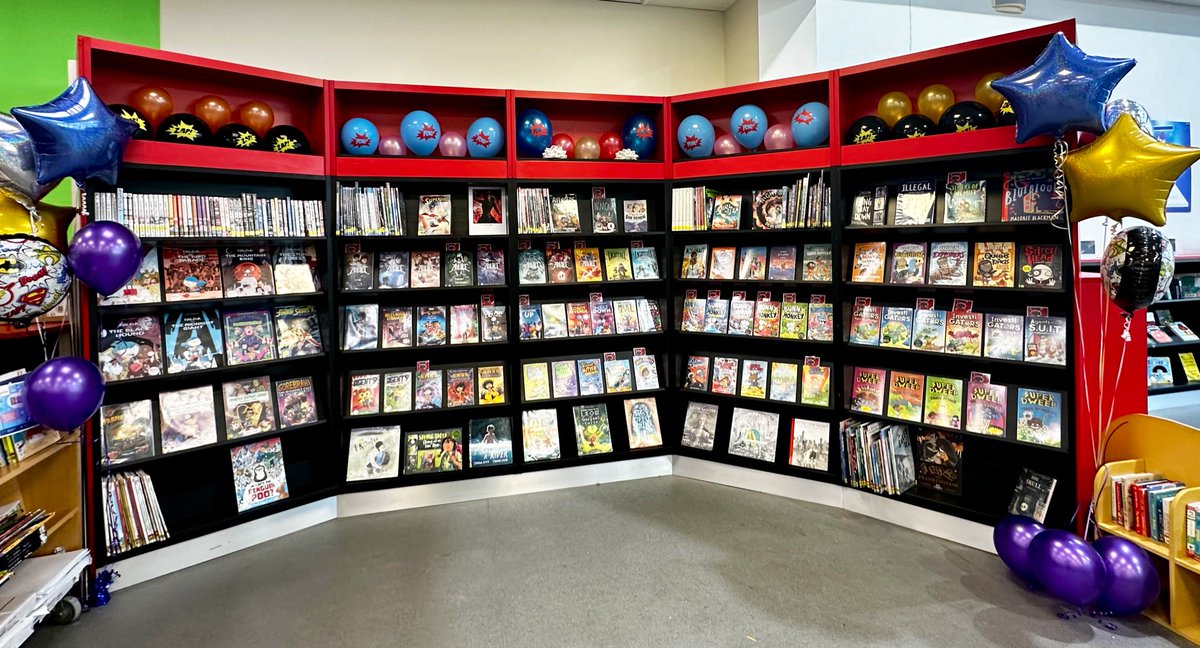 I rarely post about my librarian life directly but I’m feeling very *mushy* right now. 

I’ve finally finished creating a dedicated ‘beating heart’ space for the #ComicBook #GraphicNovel #PictureBook loving kids.

I hope they all feel validated &amp; excited to read more!
 ✨🖤✨