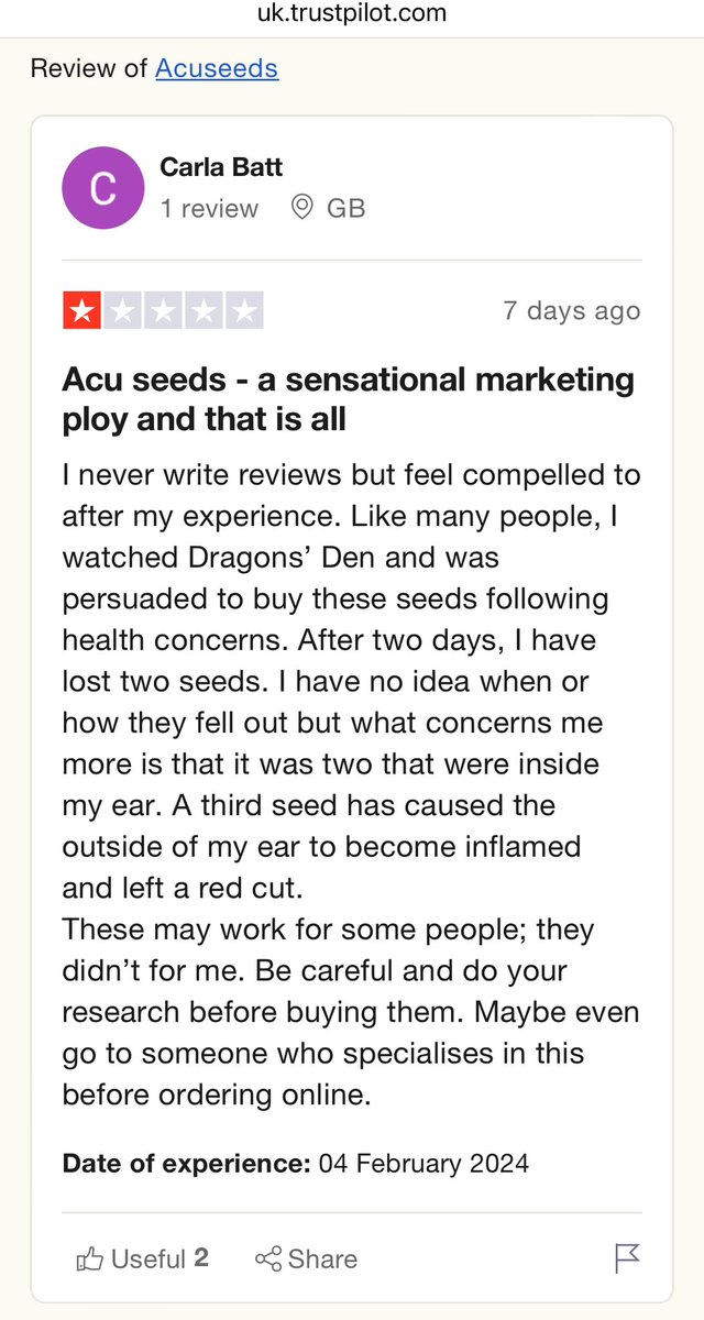 MarkMooch's tweet photo. Acuseeds have a 2 star rating on trustpilot from 39 reviews. Seems a lot of people aren't happy with the product or service with the inability to cancel an order, only getting part of it or seeds falling off and into the ear canal, aside from not working.
https://t.co/y8aKfgWuaJ https://t.co/VNbVF5euE4