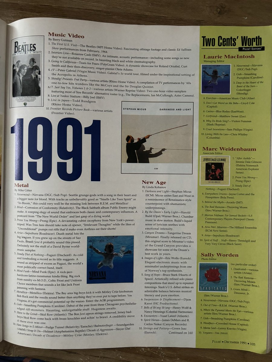 the best of 1991 lists in Pulse, the Tower Records free magazine, Dec 1991 - interesting in how it differs from a modern perspective on the year