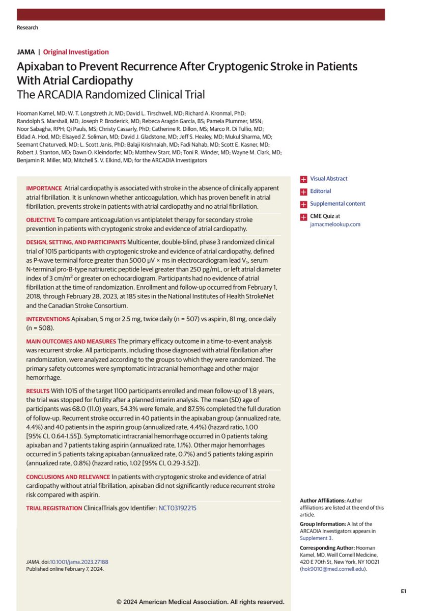 Kirsten Bibbins-Domingo (@kbibbinsdomingo) on Twitter photo Apixaban to Prevent Recurrence After Cryptogenic Stroke in Patients With Atrial Cardiopathy: The ARCADIA RCT <a href="/hoomankamel/">Hooman Kamel</a> <a href="/WeillCornell/">Weill Cornell Medicine</a> <a href="/WCMCNeurology/">Weill Cornell Neurology</a> & colleagues jamanetwork.com/journals/jama/…
…our Top Viewed this week at JAMA Apixaban to Prevent Recurrence After Cryptogenic Stroke in Patients With Atrial Cardiopathy: The ARCADIA RCT <a href="/hoomankamel/">Hooman Kamel</a> <a href="/WeillCornell/">Weill Cornell Medicine</a> <a href="/WCMCNeurology/">Weill Cornell Neurology</a> & colleagues jamanetwork.com/journals/jama/…
…our Top Viewed this week at JAMA