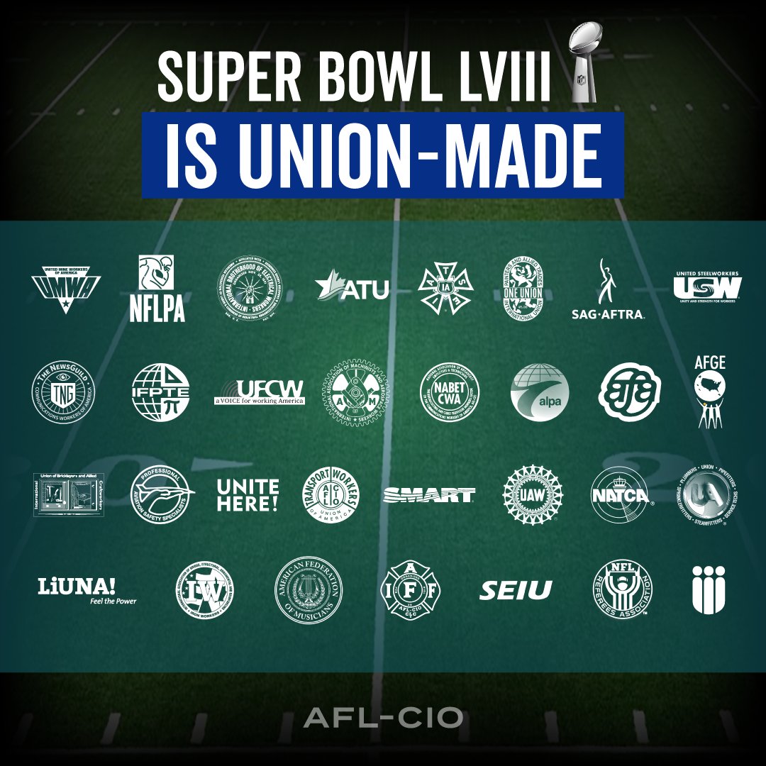 INAFLCIO's tweet photo. As you get ready to eat some wings and watch the #superbowl today, know you're watching a #unionmade event. From the players on the field to the workers who built the stadium, even the Gatorade getting dumped on someone's head, unions have a hand in it all! https://t.co/kRsG79lS3z