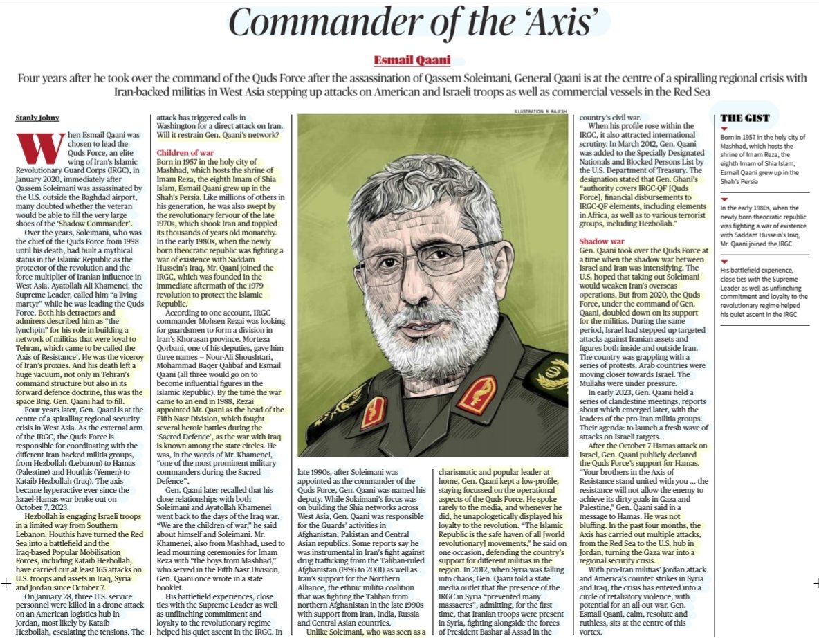 GreaterIran92's tweet image. 4Yrs after he took over the command of Quds Force after the assassination of Gen Soleimani, General Qaani is at the centre of a spiralling regional crisis with Iran-backed militias in West Asia stepping up attacks on U.S. &amp;amp; Israeli troops as well as commercial vessels in Red Sea.