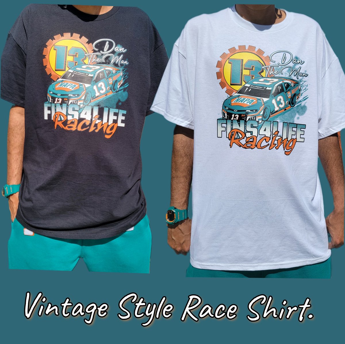 Vintage-style #13 race car print shirts.100% soft cotton in Black or White. 🏁 🐬🆙️ Visit: Fins4life.com . . . . #fins4life #dolphins #finsup #streetwear #sportswear #tshirts #racecar