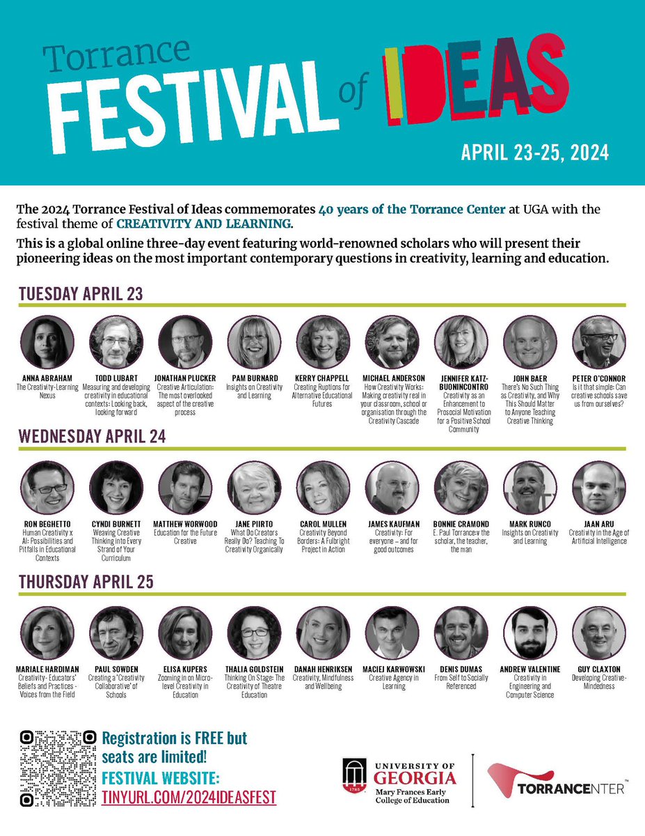The 2024 TORRANCE FESTIVAL OF IDEAS (online, April 23-25) features presentations from world-renowned scholars on their pioneering ideas in creativity, learning, and education.   Registration is FREE but seats are limited!  Festival Website: tinyurl.com/2024ideasfest