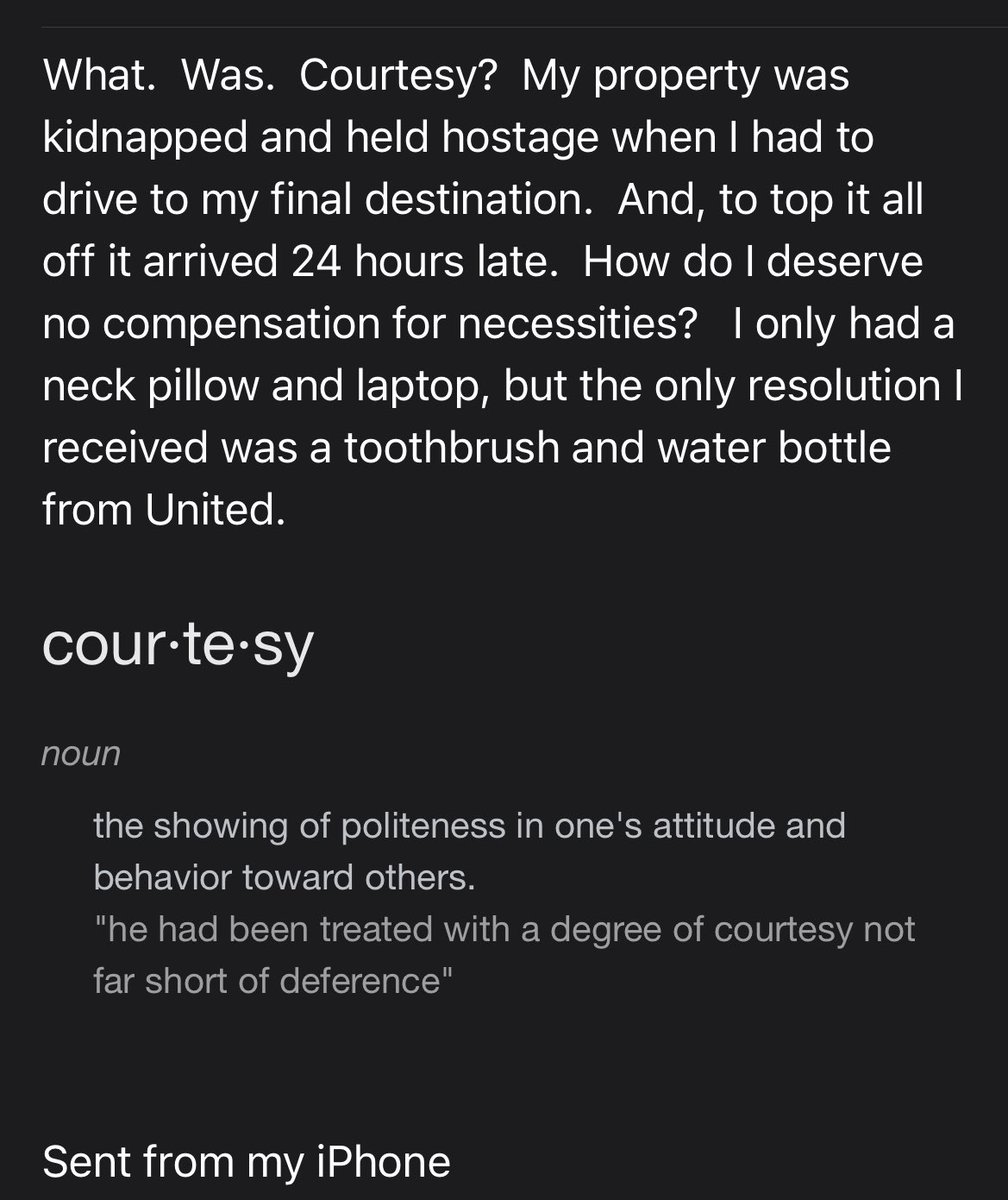 Pips_Stable's tweet photo. What an absolutely ridiculous customer service.  Was left without anything for a huge conference and this is the response I get after a canceled flight.  24 hours of baggage delays when I could not take them from my destination.   No wonder there are so many lawsuits. @united https://t.co/w5ceo9ujtv