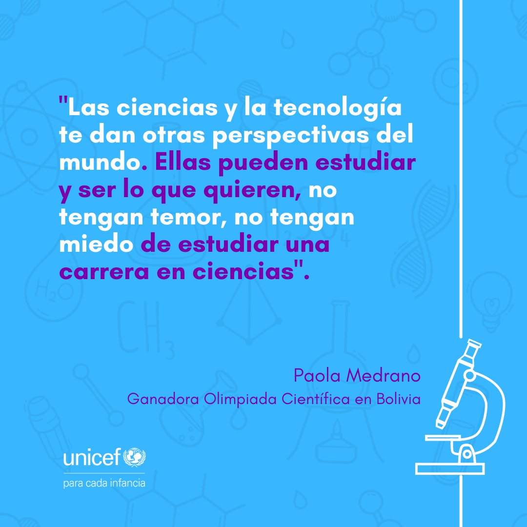 🧪👩 ¡Hoy celebramos el #DíaDeLaMujerYLaNiñaEnLaCiencia y te invitamos a explorar un mundo lleno de descubrimientos!

A todas las niñas y adolescentes les decimos: “Sí tú puedes” No hay límites para lo que puedes lograr. #NiñasEnCiencias #MujeresEnCiencias unicef.org/lac/chicas-stem