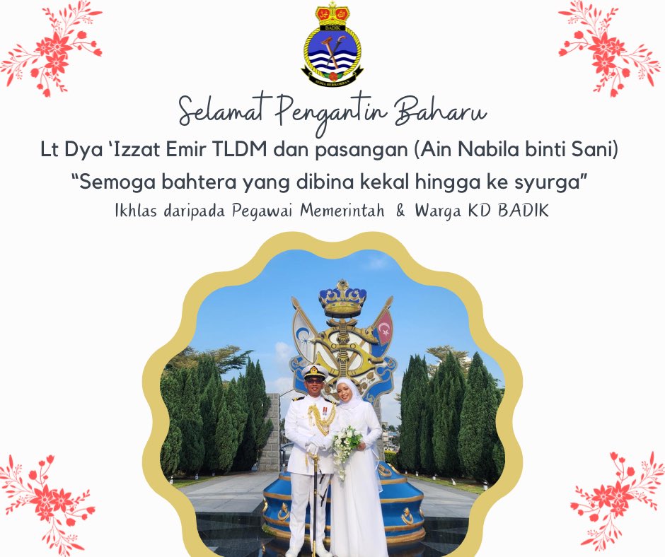 LMS_113's tweet photo. بارك الله لكم وبارك فيكم وبارك عليكم
Pegawai Memerintah serta seluruh warga KD BADIK mengucapkan Selamat Pengantin Baharu buat Lt Dya ‘Izzat Emir TLDM dan pasangan (Ain Nabila binti Sani).
Semoga bahagia hingga ke Jannah.
#kdbadik113
#devotedtoexcellence https://t.co/JQLfrJ6tgF