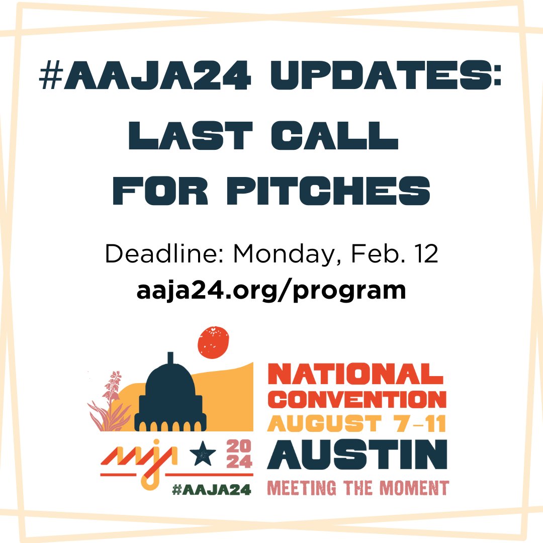 Pitches for speakers and panels at #AAJA24 are due TOMORROW! This is your last chance to Meet the Moment and let us know what you want to see at our convention. Give us your best at aaja24.org/program.