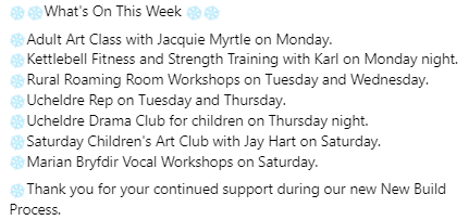 CanUcheldreCtr's tweet photo. #WhatsOnThisWeek #AdultArtClass #KettlebellFitness #RuralRoaming #UcheldreRep #UcheldreDramaClub #SaturdayArtClub #MarianBryfdir #VocalWorkshops https://t.co/8UDeAUZoAT