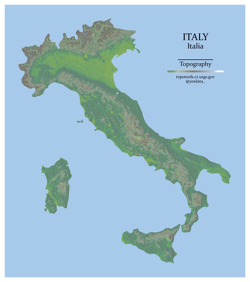 🇮🇹 Series: Topography (No. 2) - Italy

Italy’s topography is a diverse tapestry of mountains, plains, and coastlines. Its highest point, Mont Blanc, towers at 4,810 meters.

🔧 Tools: Python (Rasterio, Geopandas, EarthPy, Shapely)
~