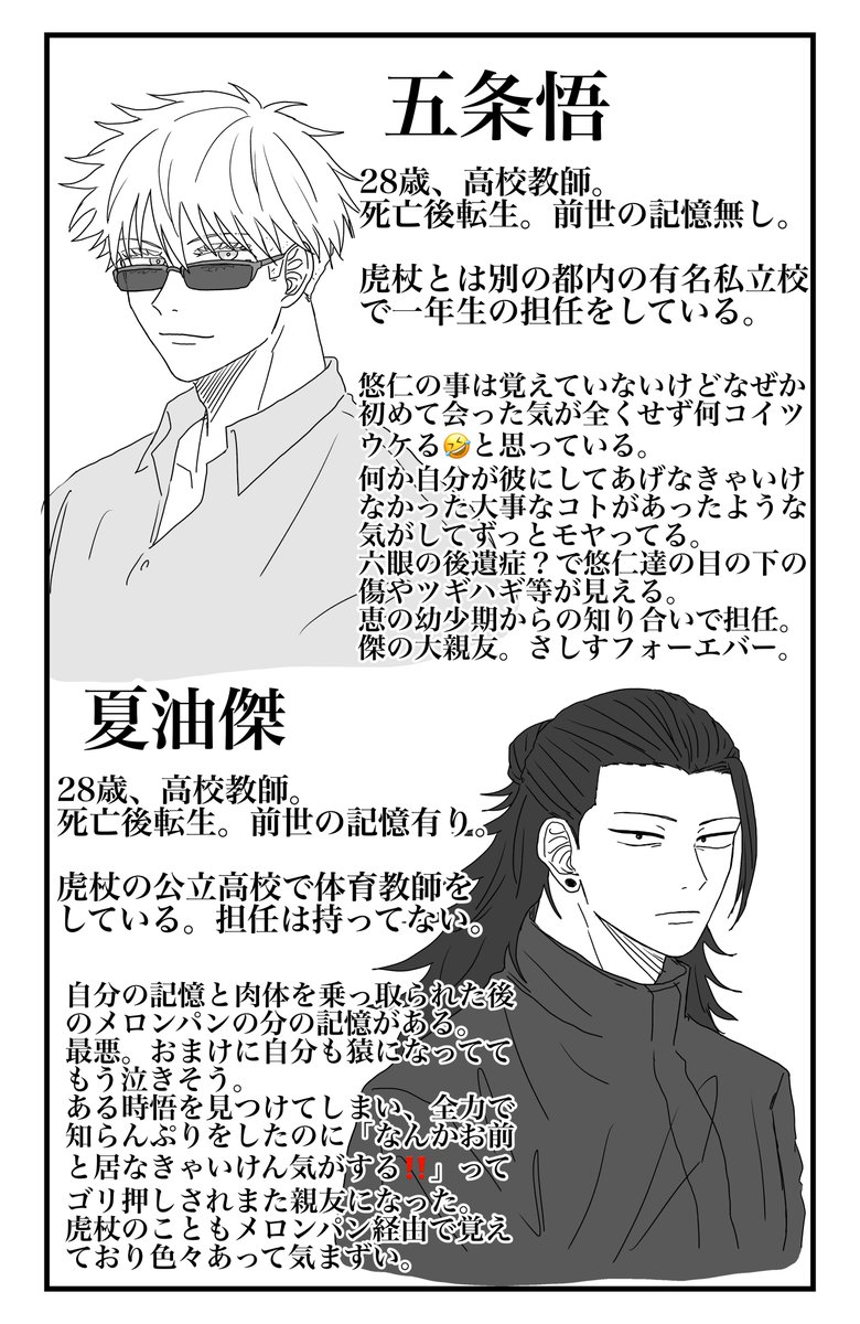 (3/3)おまけ
ゴジョーは今世はゲトーが居なくならなかったので中身は大人になってますが性格が原作の教師時よりほんの少し学生時代寄りになってます。 