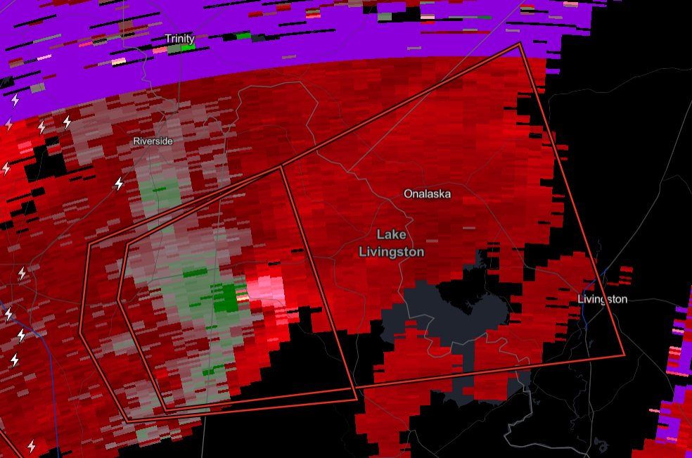 InfoWeatherWx's tweet photo. An observed #Tornado Warning has been issued for #WestLivingston, #Livingston and #Onalaska until 10:30AM CST. If you're in the warning polygon, take shelter as soon as possible. #TXwx #severewx https://t.co/rRLZlcsNJN