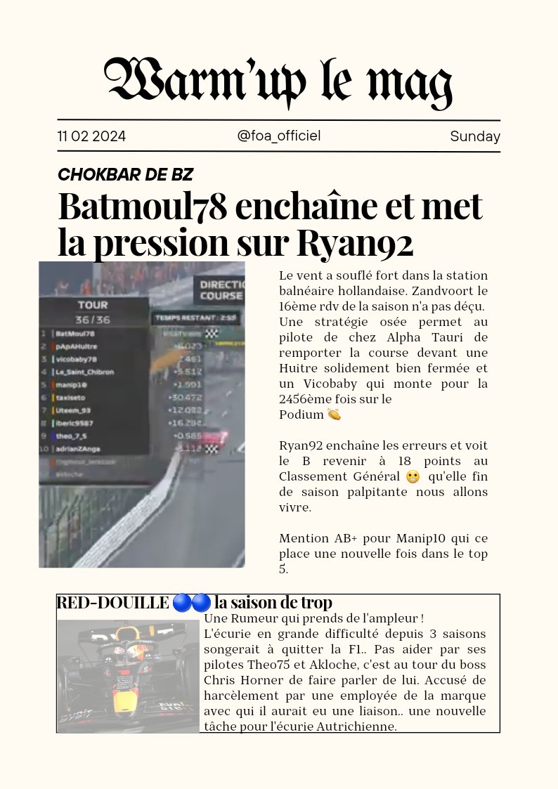 FOA_officiel's tweet photo. 📰 Warm'up le mag 📰
By ✒ @adri_one7

Résumé Gp 🇳🇱 de la @FOA_officiel 
 
#F1 #F122game #f122 #PS5 #Championship #ps4 #PS4live #ps4share #PS5Share #esport #gamer #esportsnews #f1game #f123 #eSports #F1Esports #gamer #f1GP #game #GP https://t.co/IoTygCmQbL