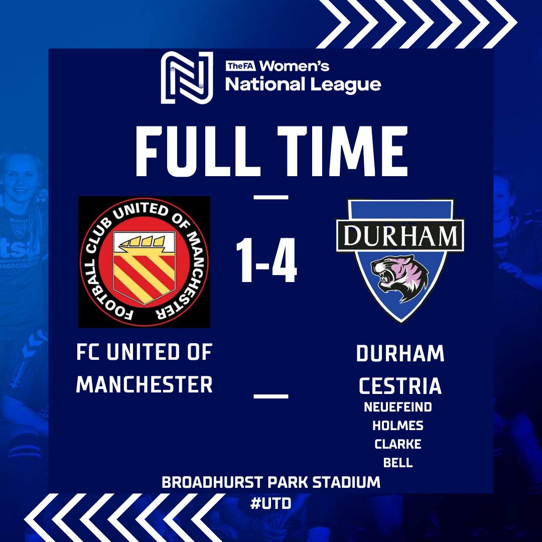 DurhamCestria's tweet photo. Full Time

@FCUnitedWomen 1️⃣ - 4️⃣ @DurhamCestria 

A @VictoriaNeuefe1 goal brought us level in the first half before @Abby_holmes_2, Daisy Clarke with her first goal for us and @Beccabell02 wrap up the scoring.

#UTD https://t.co/z8dDwTwfFD