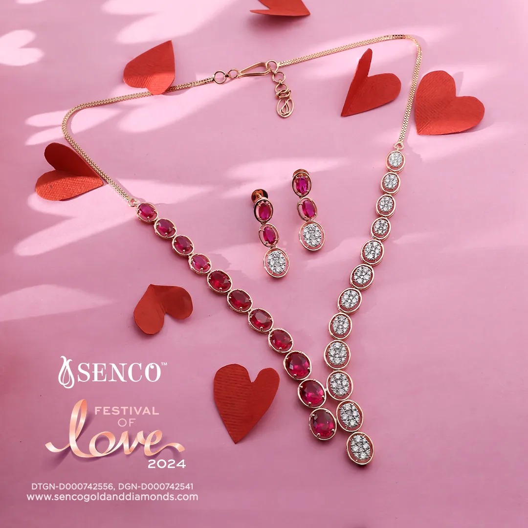 Rediscover romance with our Romantique Collection. Complete your look with a 2.03 carat diamond necklace and 0.41 carat diamond drop earrings, both set in 14K gold with captivating red semi precious stones. #CaptureLoveWithSenco #Sencogoldnddiamonds #loveislove #valentinesday