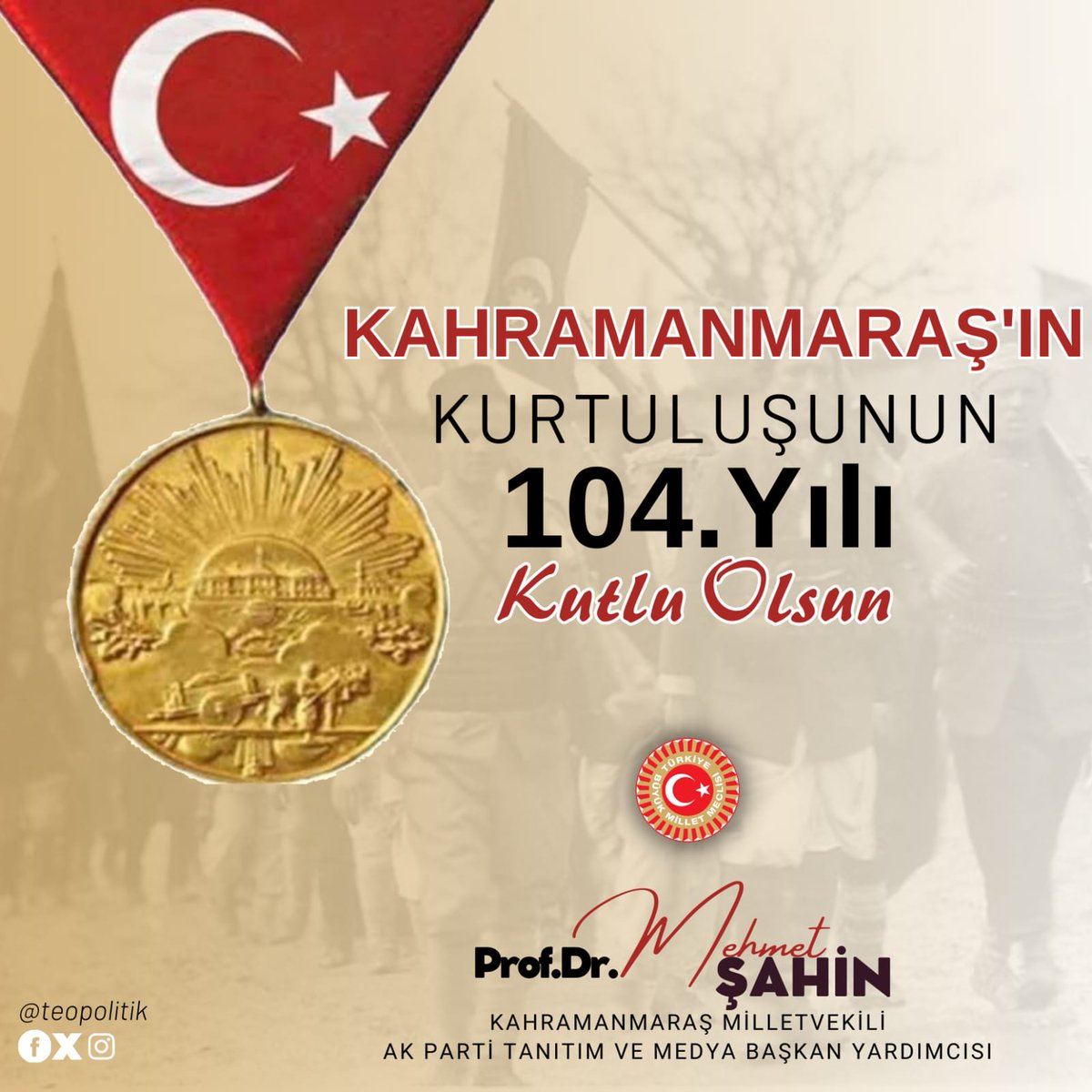 #Kahramanmaraş'ın düşman işgalinden kurtuluşunun 104'üncü yıl dönümünde aziz şehitlerimizi rahmetle, kahraman gazilerimizi de şükranla anıyorum.

Bağımsızlığın ilk kurşununu atan Sütçü İmam'ı ve istikbali için canlarını feda eden kahramanlarımızı hiçbir zaman unutmayacağız.