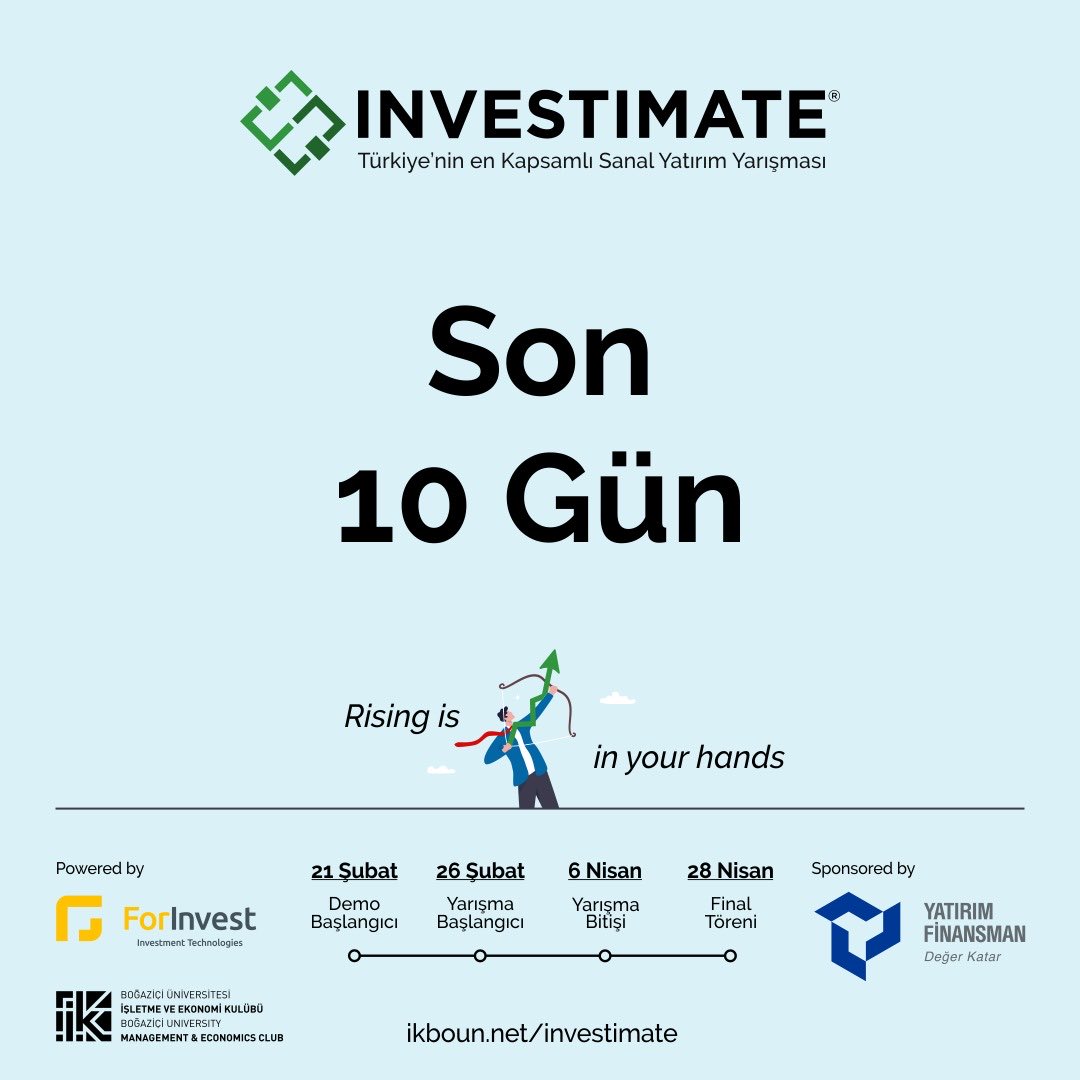 Investimate’in demo gününün başlamasına son 10 gün! Kendini denemek ve alt yapıyı anlamak için 10 gün sonra sisteme giriş yapabilirsin. Türkiye’nin en kapsamlı sanal yatırım yarışmasında sen de yerini ayır, borsada risksiz bir şekilde kendini dene.